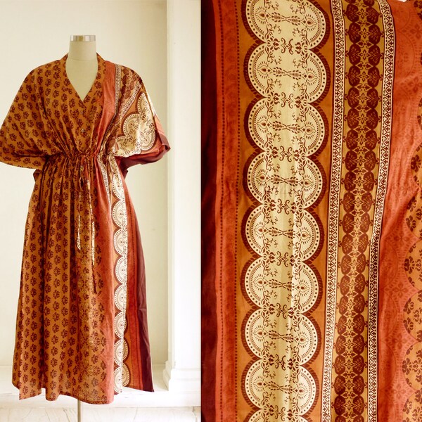 Nursing, maternity, mom to be, plus size caftan in shades of brown, brick red, beige floral print. Boho, Hippie, Indian, Summer long dress