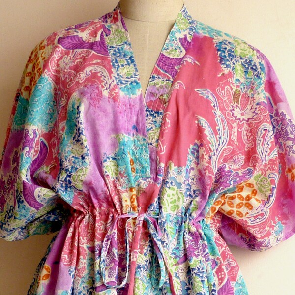 Romantic, Charming Multicolored Printed Cotton Caftan. Maternity Wear, Brides dressing robe, Plus size, Beach/ Vacation/Spa, Lounging, Gifts