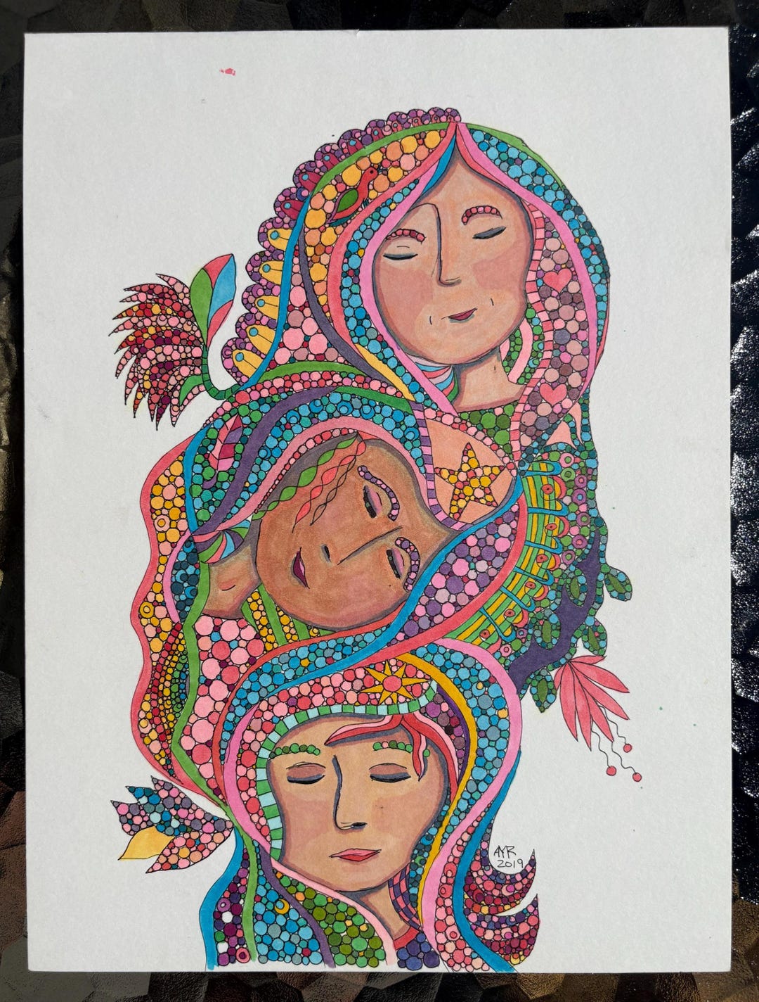 Three Sisters - Original Circle Art, Ink and Marker on Paper (9 X 12 ...