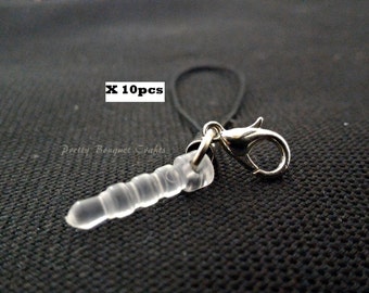 May include: A pack of 10 clear plastic phone charms with a black string and a silver clasp.  X 10pcs