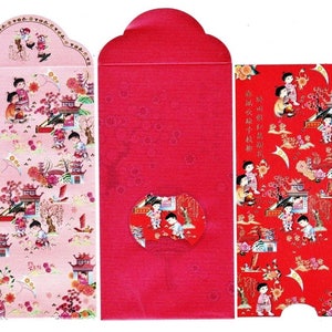 May include: Two red and pink Chinese New Year envelopes with gold accents. The envelopes feature a traditional Chinese design with children playing in a village setting. The text on the envelopes reads "Wishing you prosperity and good fortune".