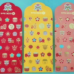 3 peças Tema Dança do Leão Pacote da Sorte Chinês|Envelopes de Dinheiro|Hong Bao Chinês|Envelope Dourado|Envelope Vermelho|Envelope Rosa|Envelopes de Dinheiro|Lanterna