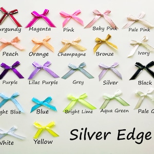 May include: Assortment of 20 small satin ribbon bows with silver edges in various colors, including burgundy, magenta, pink, baby pink, pale pink, peach, orange, champagne, bronze, ivory, purple, lilac purple, grey, silver, black, light blue, blue, bright lime, aqua green, pale green, white, and yellow.  Silver Edge.