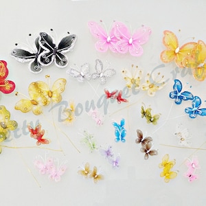 1 Lot 48pcs Sheer Nylon Butterflies with Rhinestones in Various Sizes - Hair Clip Embellishment|Party Craft Decoration|Gift Box