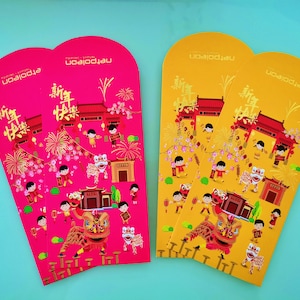 Pacote de sorte chinês com tema de dança do leão, 4 unidades | Envelopes de dinheiro | Hong Bao chinês | Envelope dourado | Envelope vermelho | Envelope rosa | Envelopes de dinheiro | Leão