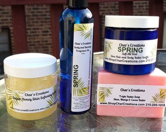 Quad Bath and Aromatherapy Set- Shea Body Butter,  Sugar Scrub, Shea Soap, Body and Burning Fragrance Oil