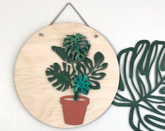 Potted Plant Wall Art | Botanical Collection | Acrylic Paint Poured Lasercut Wood Wall Art on Leather Hanger