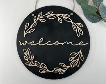 Welcome Wreath Circle | Botanical Collection | Lasercut Wood Wall Art on Leather Hanger