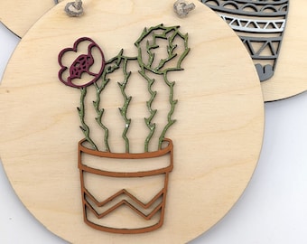 Cactus Wall Art Circles | Botanical Collection | Painted Cacti and Succulents Wall Hangings with Leather Cord