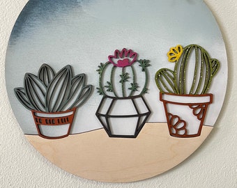 Cactus Trio Wall Art | Botanical Collection | Painted Lasercut Wood Wall Art on Leather Hanger