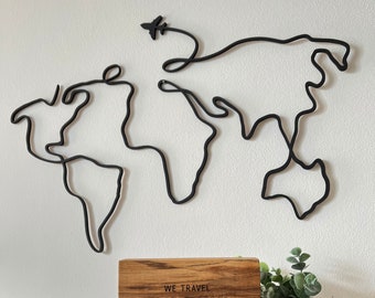Line Drawing World Map Wall Art | Lasercut Wood Flight Path of the Continents | 2 sizes available