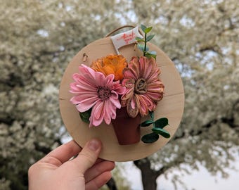 Wood Flower Pot Wall Hanging | Floral 3D Art