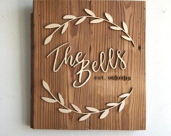 Name + Wreath Custom Sign | Lasercut Wood on Barnwood Entryway & Welcome Sign | Your Choice of Name, Font, and Leaves!