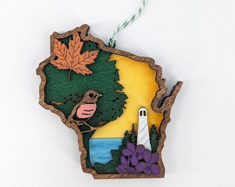Wisconsin State Icon Ornament | Sugar Maple, Wood Violet, Robin
