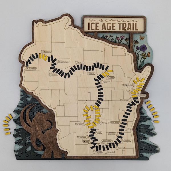 Ice Age Trail Travel Map - Wisconsin Wall Art - Handmade Wood Gift for the Adventurer, Camper, Traveler