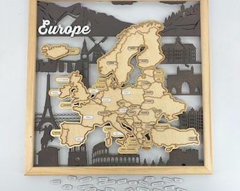 Interactive Europe Travel Map Wall Art - Handmade Wood Gift for the Adventurer, Traveler