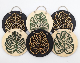 Leaf Silhouette Wall Art Circles | Botanical Collection | Green and Natural Painted Wood Palm Leaf Wall Hanging