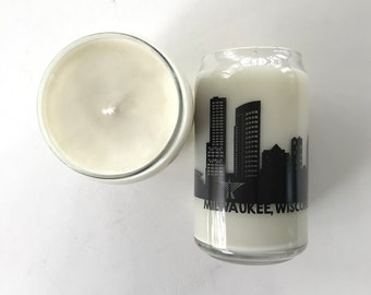 Milwaukee Skyline Can Glass Candle | Soy Candle + Beer Glass | MKE Gifts