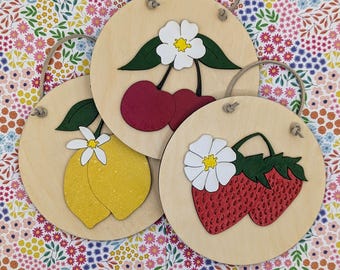 Summer Fruit Wall Art Circles | Cottagecore Home Decor | Strawberry Cherry Lemon