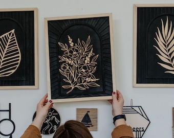 Schwarze gerahmte Blattkunst | 3D Schichtholz Lasercut Dekor