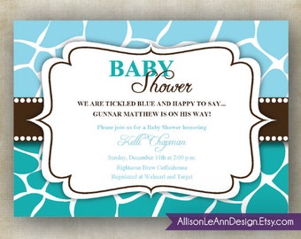 Wild Safari Giraffe Baby Shower Invite - Baby Blue /Turquoise - 5x7 - Customizable & Printable PDF File - INSTANT DOWNLOAD