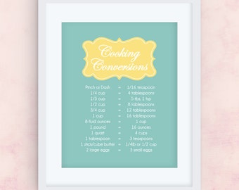 Cooking Conversions // Teal & Yellow // Printable Wall Art // 8x10 // JPEG File // INSTANT DOWNLOAD