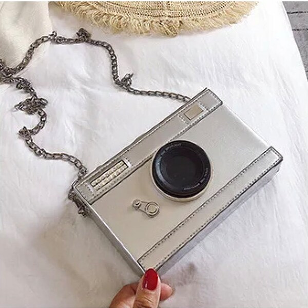 Silver Patent Leather Retro Camera Shaped Handbag with Silver Chain