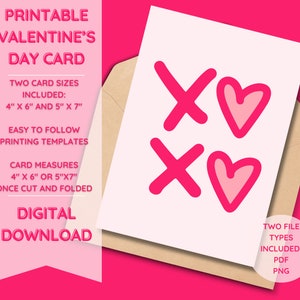 印刷可能な XOXO バレンタインデー カード、デジタル ダウンロード、即時ダウンロード、DIY 印刷可能、折りたたみ、グリーティング カード、ピンクの美的、愛、ハート