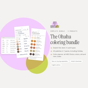 May include: The Ohuhu coloring bundle includes a swatch fan deck with 4 card types, 42 palettes in 7 packs, and a color planner featuring 480 color codes. The text reads Hue & Hideaway, Complete Bundle, 3 Products, and English edition.