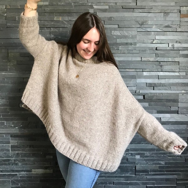 Knitting Pattern - Knit Sweater, Classic Knitting Pattern, Top Down Sweater, Worsted Weight, Oversize Sweater, English and Spanish