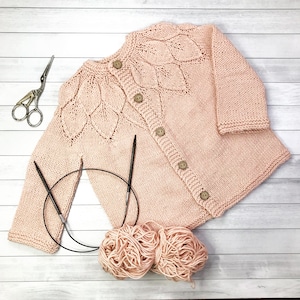 PDF Knitting Pattern: Toddler Girl Cardigan – Leaf Collar, Top‑Down, Sizes 6 mo–8 yr – English and Spanish PDF