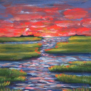 Sunset over Marsh, Acrylic on Birch