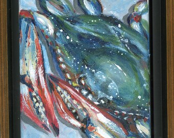 May include: A close-up painting of a blue crab with red and white claws on a light blue background.