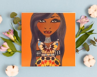 Mystic Rock Chic Greeting Card Brunette Brown Skin Chick Blank inside Birthday Thank You Note Card for Her Lady Girls Women Orange