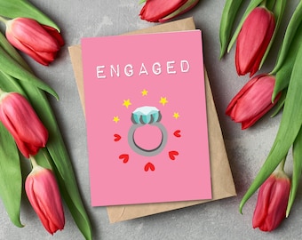 Engaged Diamond Ring Card - 5 x 7 Engagements congratulations wedding card made to order