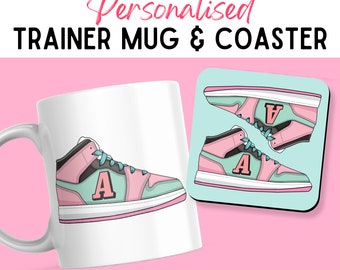 Personalised Trainer Mug & Coaster with First Letter initial of name on illustrated Sneaker - Girls Christmas Stocking Filler Birthday Gift
