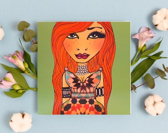 Foxy Rock Chic Greeting Card Red hair Chick Blank inside Birthday Thank You Note Card for Her Lady Girls Women Orange