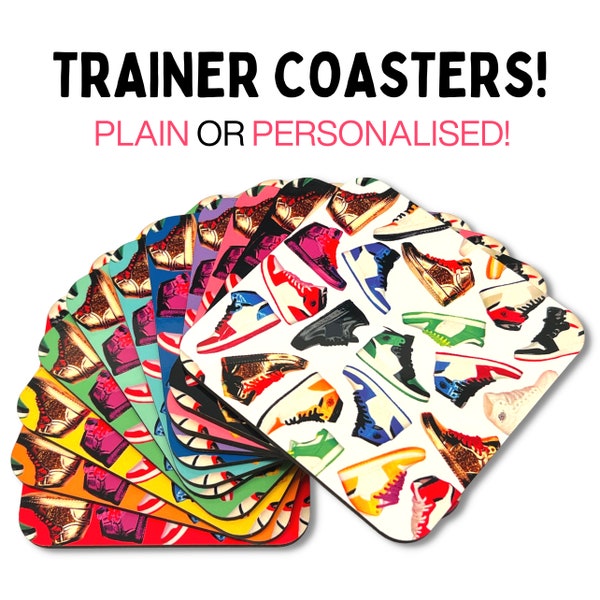 Trainer Coasters Personalisable MDF 9cm Sneaker drink mats vibrant colours! Sets of 2, 4, 6 or 8 Hightops air force 1s Cool stocking fillers