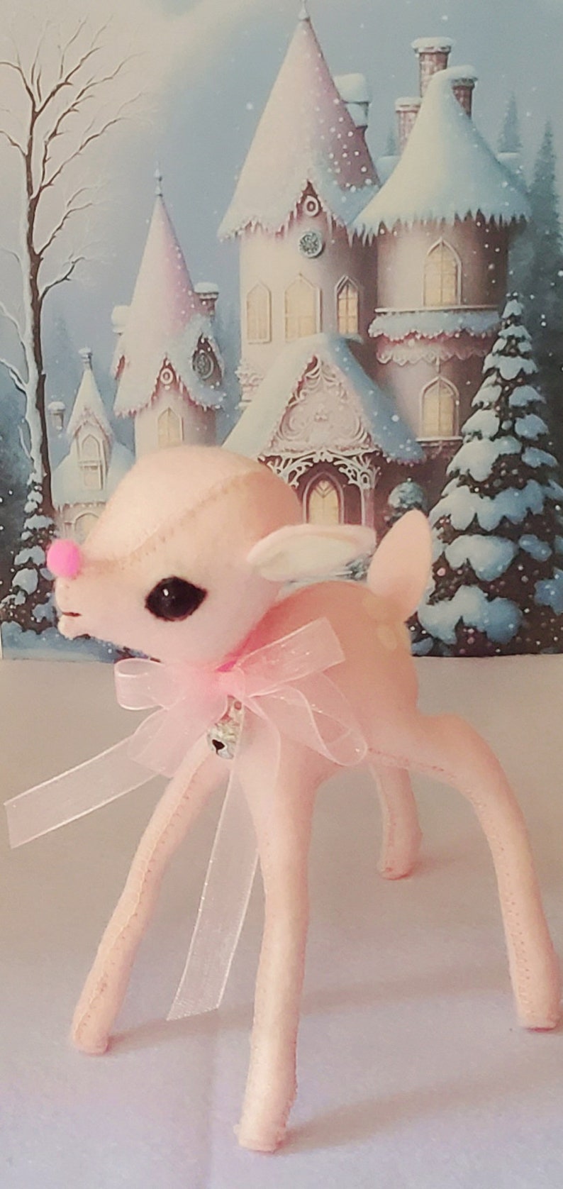 Retro Kitsch Vintage style Winter's Willow doe Deer Fawn Reindeer art Doll 6-inch 15cm Posable merino wool felt PowerPink w JingleBell image 1