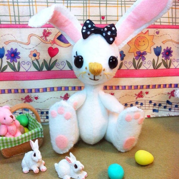 SALE Gift boxed bunny rabbit merino wool felt doll with basket & mini pink bear