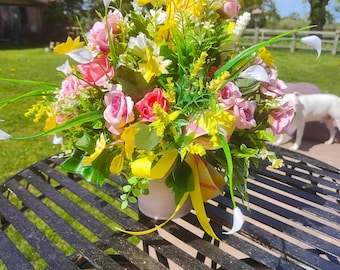 Flower arrangement tablecentre garden outdoor patio indoor centrepiece Summer colours