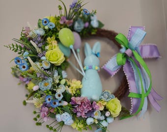 Easter wreath bunny flocked rabbit Easter eggs pastel blue lavender green large
