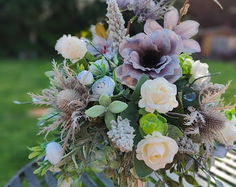 Flower arrangement Grey white pastel blue flower candlestick home decor centrepiece tablecentre