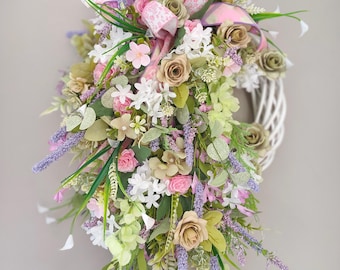 Wreath Spring Summer pinks greens lavender white all year round door wreath wall hanger