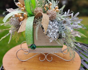Sleigh Christmas silver sage green gold wooden Santa sleigh artificial flowers arrangement centrepiece gems