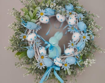 Baby Blue Easter Wreath: Bunny, Eggs, Daisies Nursery Decor