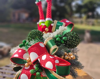 Christmas traditional drum centrepiece tablecentre cheeky whimsical elf green red gold