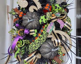 Halloween Wreath black large deluxe Baroque Glam Pumpkins, Black & Gold Door Decor