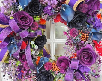 Wreath purple navy blue circular wicker large door wreath hanger