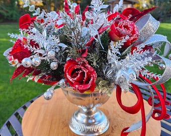 Christmas red and silver tablecentre faux artificial flowers centrepiece decoration